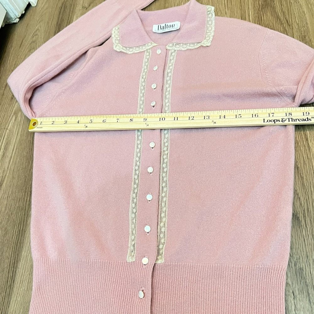 Vintage Dalton 100% Virgin Cashmere Cardigan Pink Lace Trim Pearl Buttons - Picture 6 of 7